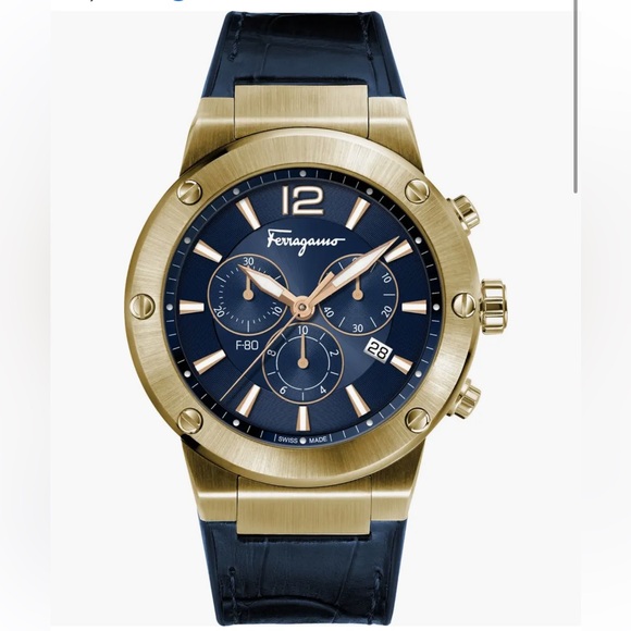 FERRAGAMO F-80 Chrono Quartz Blue Men's‎ Watch Retail $1645